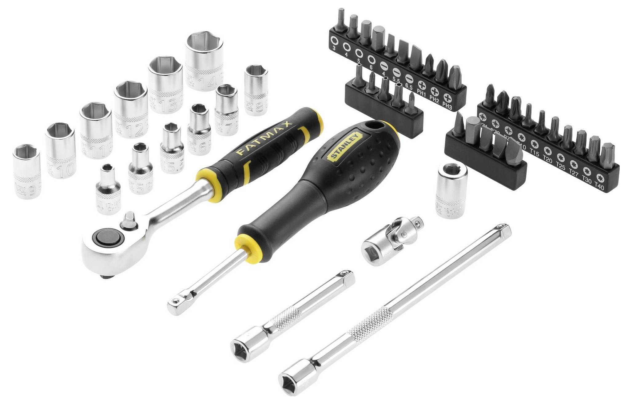 Obraz przedstawia zestaw kluczy nasadowych i końcówek wkrętakowych w różnych rozmiarach, wraz z przedłużkami i grzechotką.