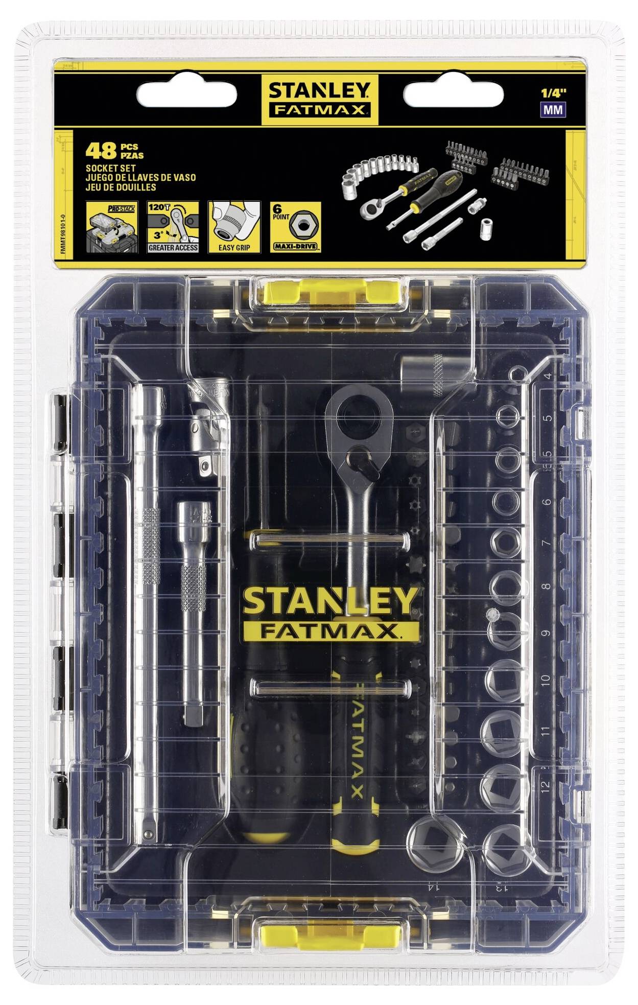 Zestaw kluczy nasadowych Stanley FatMax 48-elementowy w opakowaniu z tworzywa sztucznego. Zawiera grzechotkę, klucze nasadowe i uchwyt na bity.