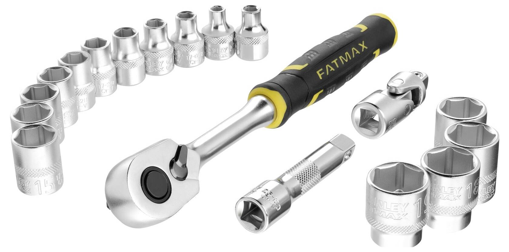 Zestaw kluczy nasadowych z grzechotką i różnymi rozmiarami nasadek, odpowiedni do prac mechanicznych. Zawiera 14 elementów o zróżnicowanych rozmiarach.