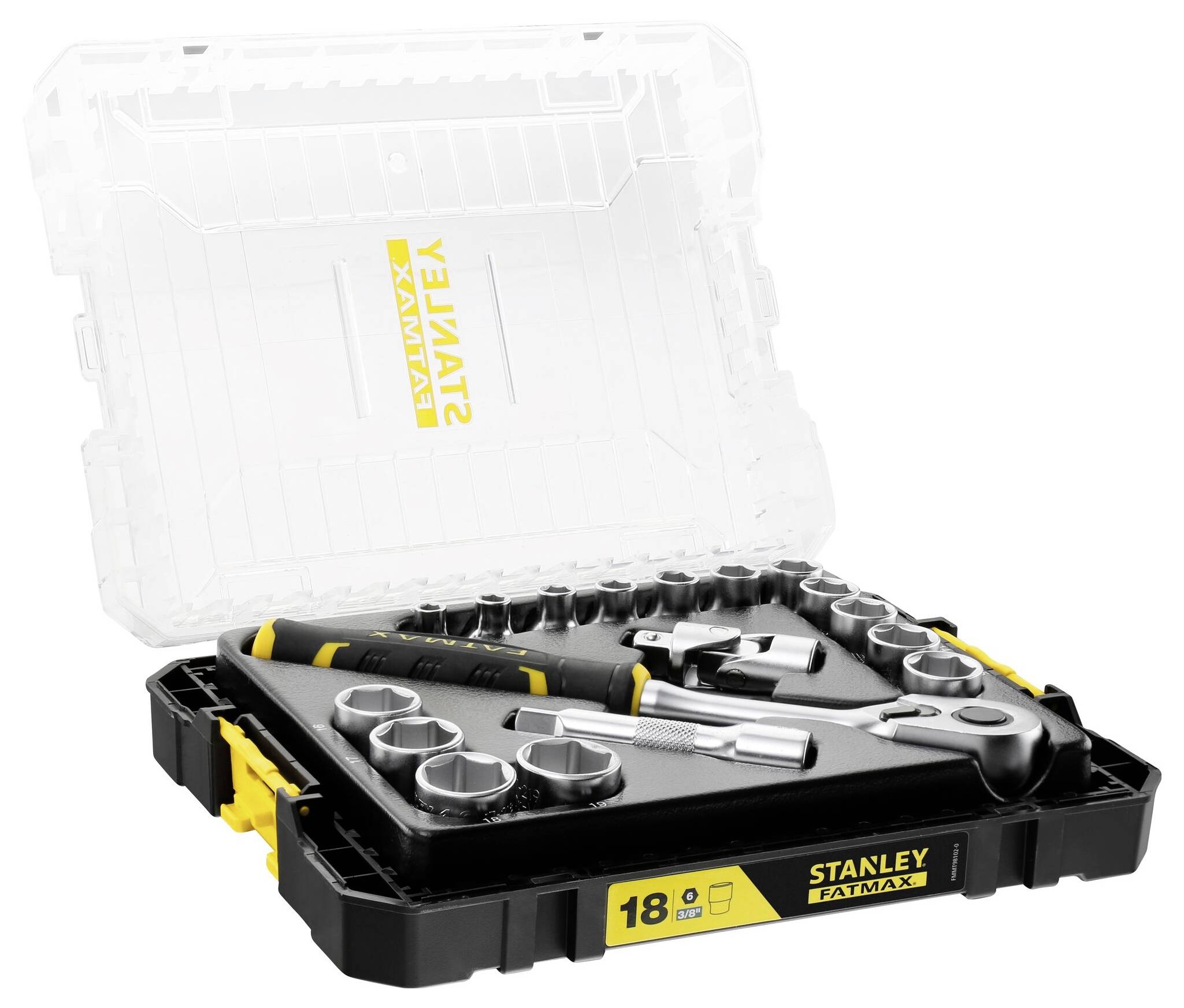 Otwarty kufer z narzędziami wyposażony w grzechotkę i nasadki. Na kufr widnieje napis 'Stanley Fatmax'.