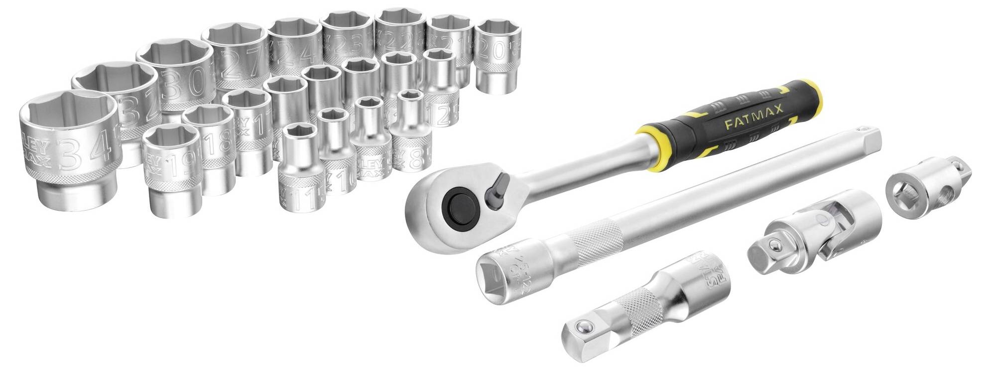Zestaw kluczy nasadowych z grzechotką i przedłużkami metalowymi, odpowiedni do różnych rozmiarów śrub. Narzędzie do prac mechanicznych.