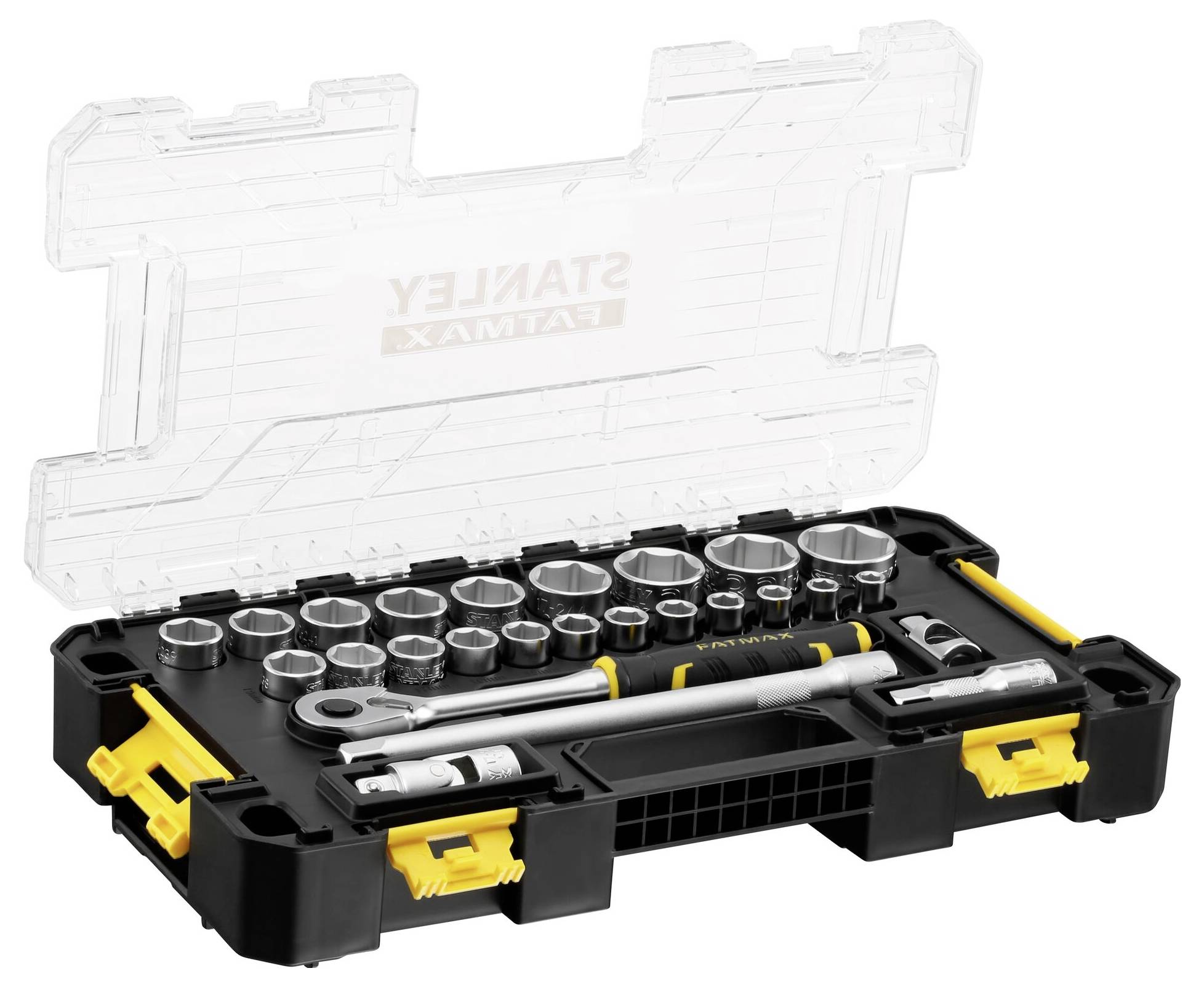 Zestaw kluczy nasadowych z różnymi rozmiarami i przedłużkami w czarnym etui z żółtymi zamknięciami.