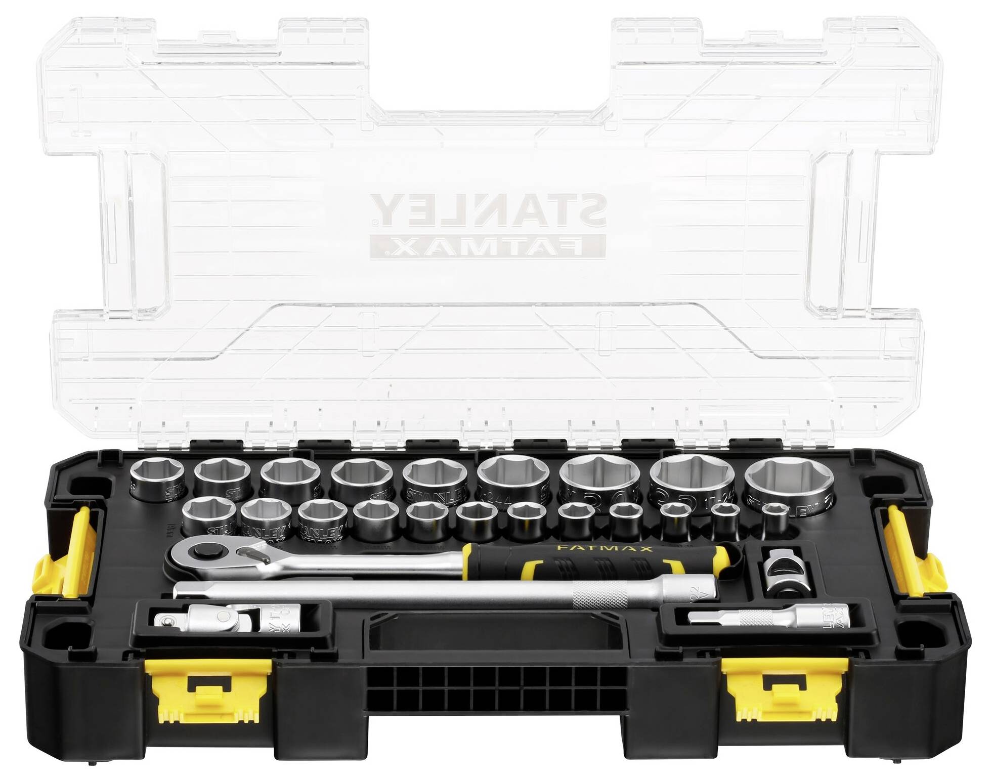 Zestaw narzędziowy Stanley Fatmax z kluczami nasadowymi, grzechotką i przedłużkami, starannie ułożony w czarnej walizce z przezroczystą pokrywą.