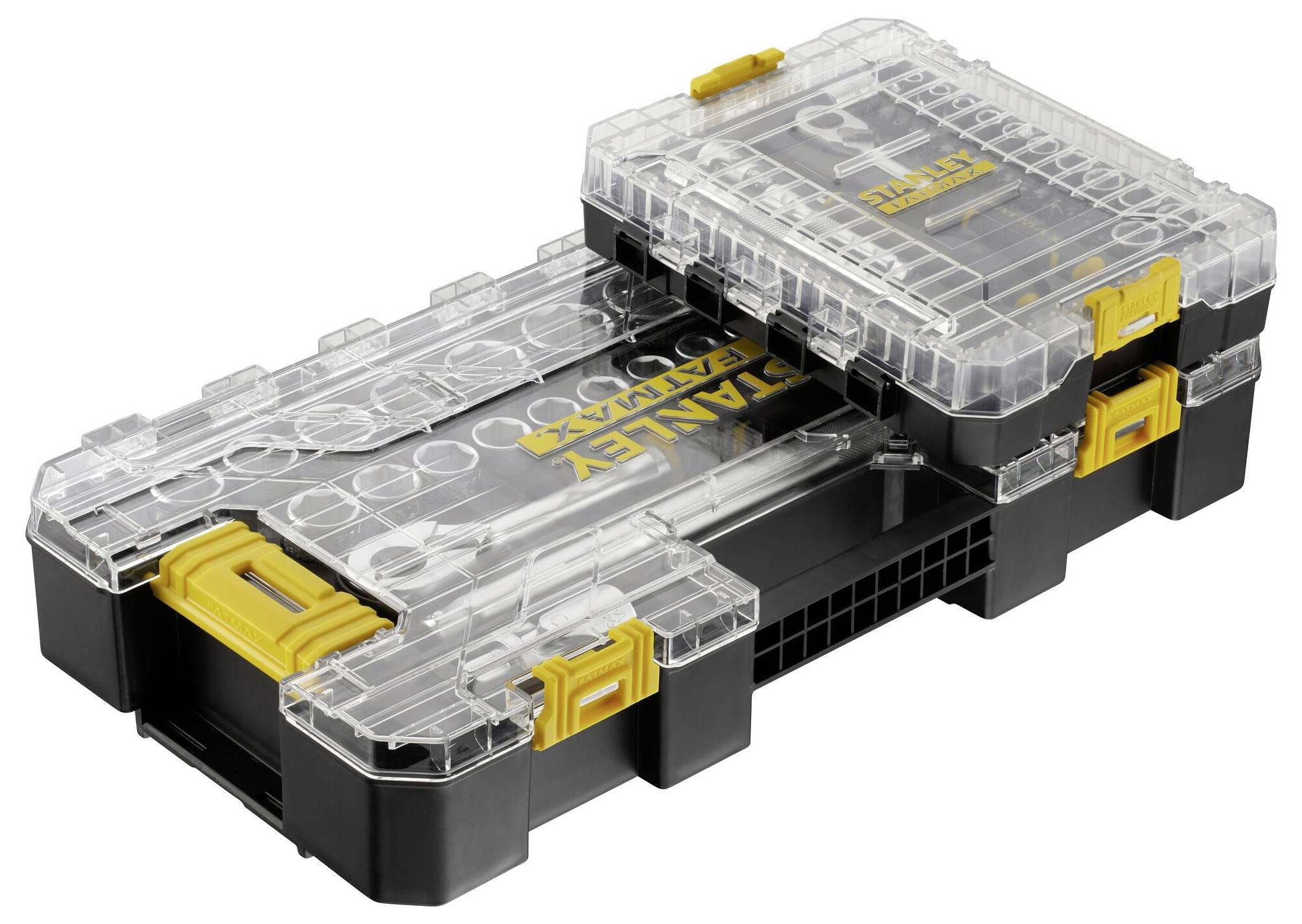 Pojemnik transportowy z przezroczystą pokrywą i żółtymi zamknięciami, ułożony w stos, idealny do przechowywania narzędzi lub drobnych elementów.