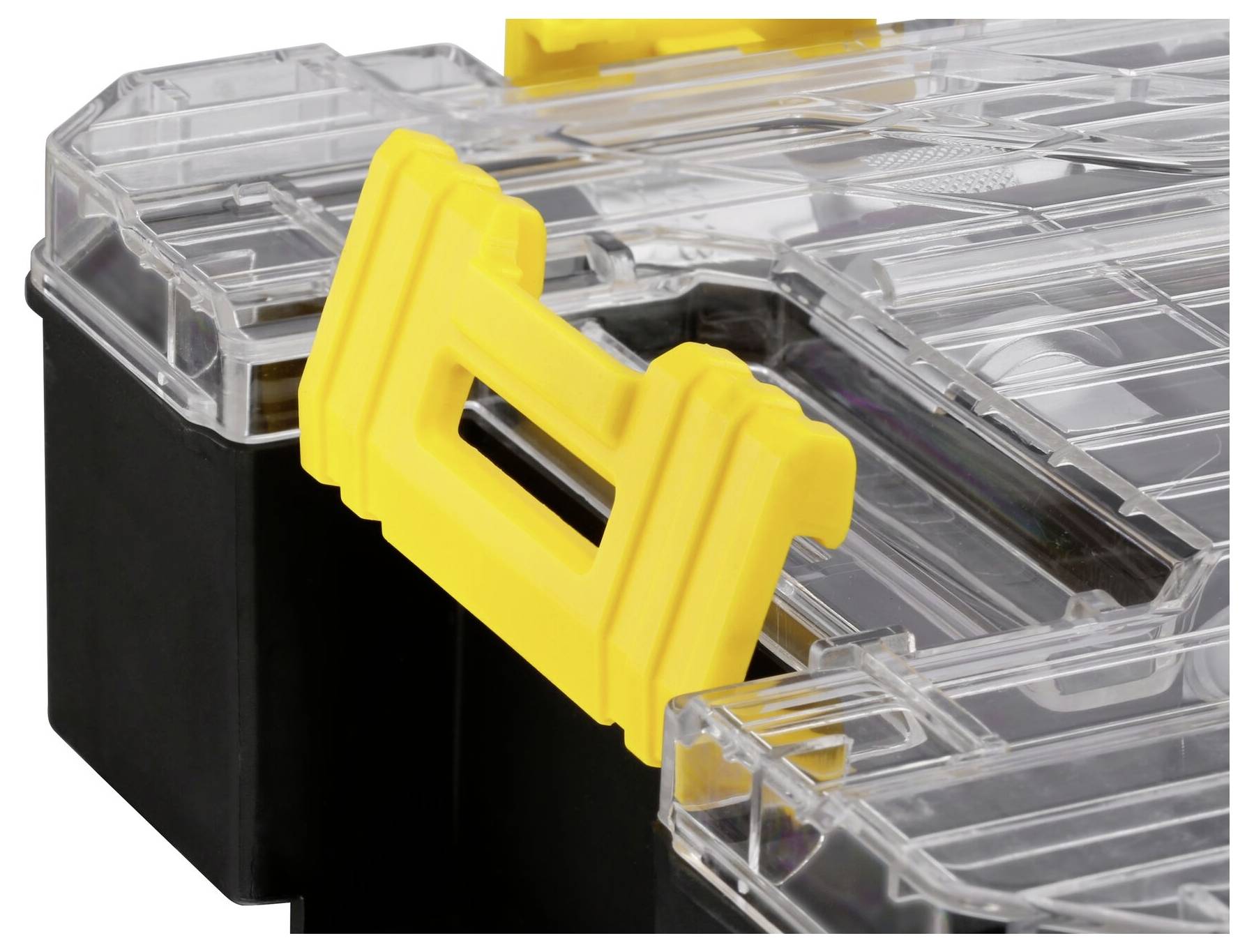 Duży, przezroczysty pojemnik z tworzywa sztucznego z żółtą rączką, przeznaczony do transportu lub przechowywania narzędzi.