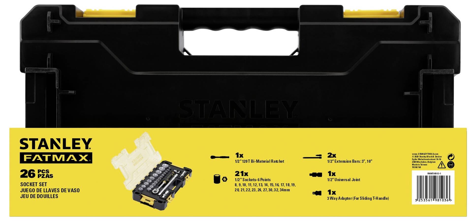 Zestaw narzędziowy Stanley Fatmax z 26-elementowym zestawem kluczy nasadowych, zawierający różne nasadki i grzechotkę, w żółtym opakowaniu z przodu.