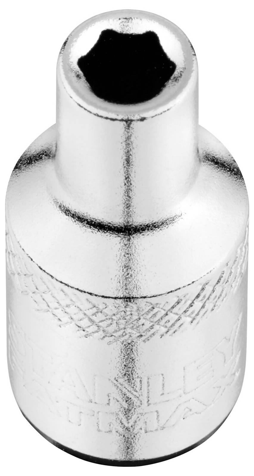 Srebrna nakrętka sześciokątna z wewnętrznym otworem, przydatna do kluczy nasadowych i narzędzi służących do odkręcania lub dokręcania śrub.