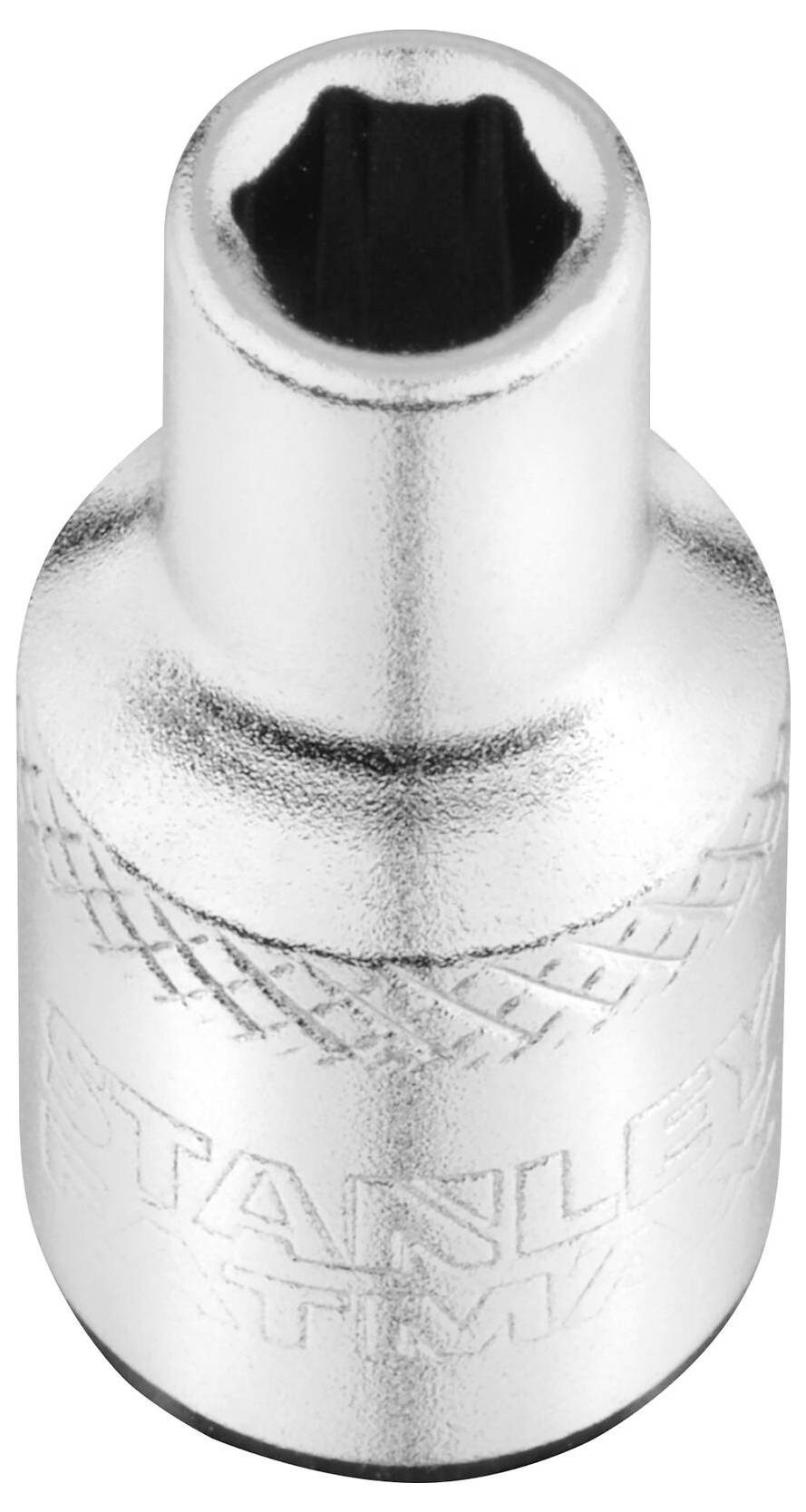 Metalowy klucz nasadowy z zaokrągloną krawędzią i czarnym, sześciokątnym otworem. Nazwa marki widoczna na zewnętrznej stronie.