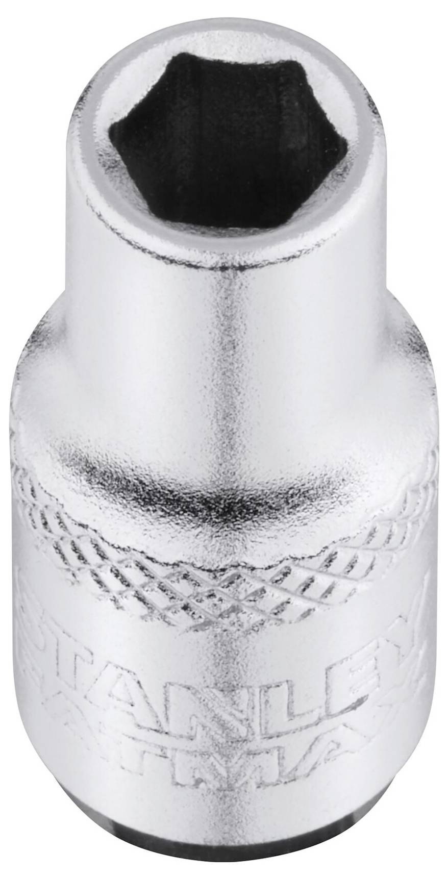 Sześciokątna nakrętka metalowa o błyszczącej powierzchni. Idealna do odkręcania lub dokręcania śrub o odpowiednim rozmiarze.