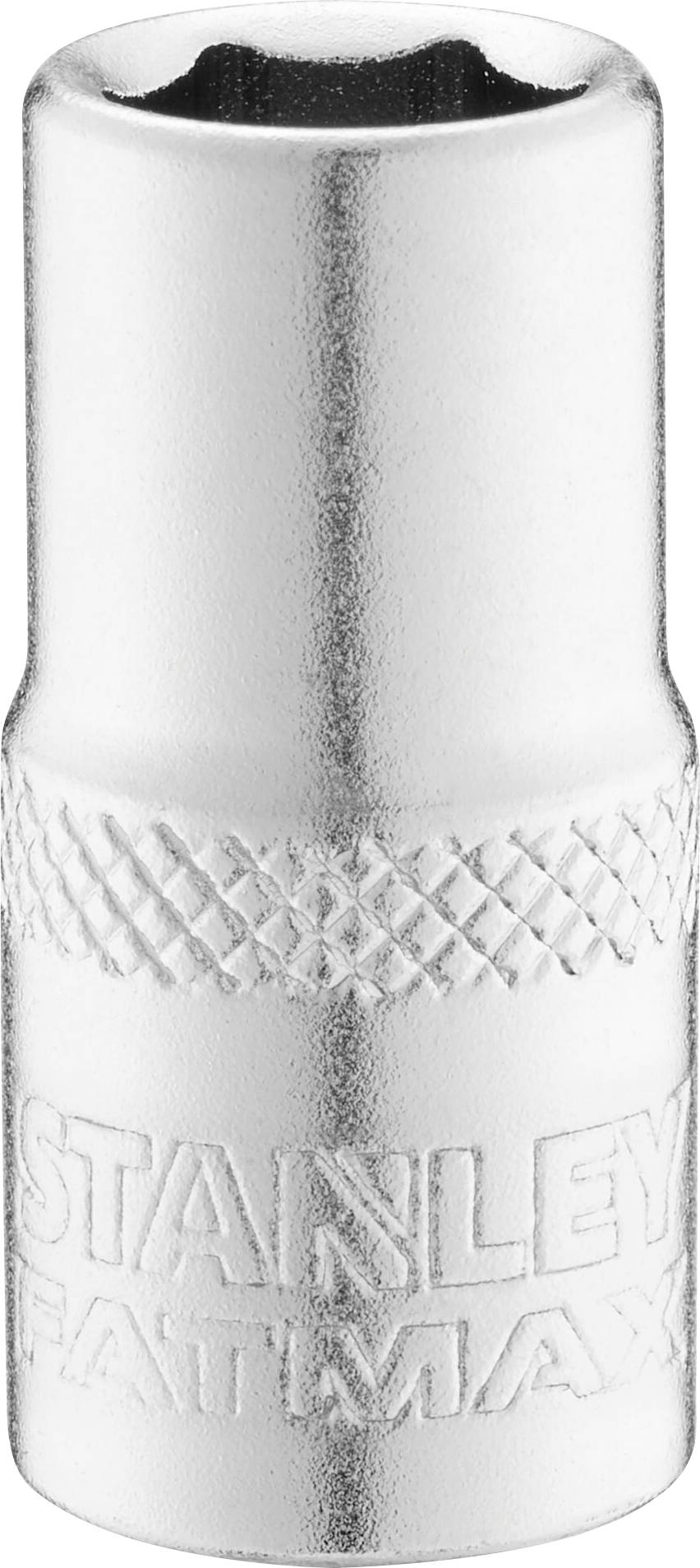 Srebrny klucz nasadowy z ryflowaną powierzchnią z wytłoczonym napisem 'Stanley FatMax'.