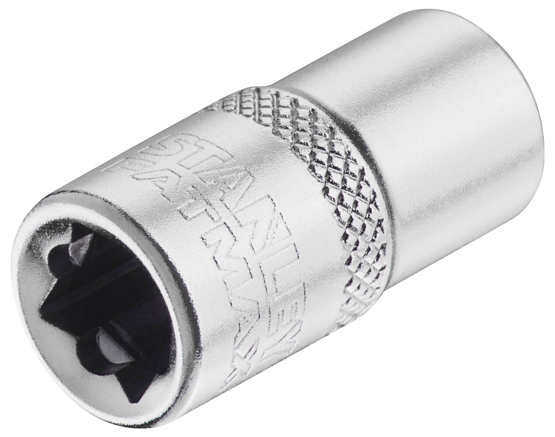 Srebrny orzech z żłobkowanym uchwytem, z wytłoczonym logo Stanley, na białym tle.