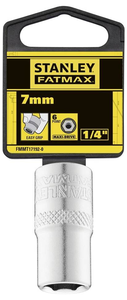Klucz nasadowy Stanley Fatmax, 7 mm, 1/4 cala, z prostym uchwytem i napędem 6-punktowym, w kolorze srebrnym, jak pokazano na opakowaniu produktu.