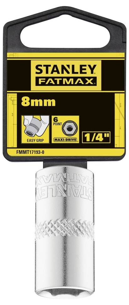 Klucz nasadowy marki Stanley FatMax, rozmiar 8 mm, 6-punktowy, napęd 1/4 cala, z etykietą opakowania na górnej powierzchni.