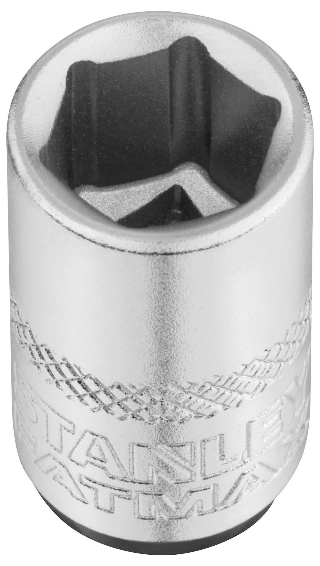 Metalowy klucz nasadowy o kształcie okrągłym z sześciokątnym otworem do mocowania śrub lub nakrętek.