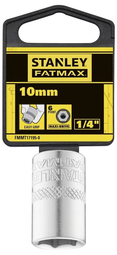 Nasadka 'STANLEY FATMAX' 10 mm o 6-punktowym wzorze dla maksymalnego chwytu. Rozmiar 1/4 cala. Zawiera opakowanie produktu i oznaczenie.