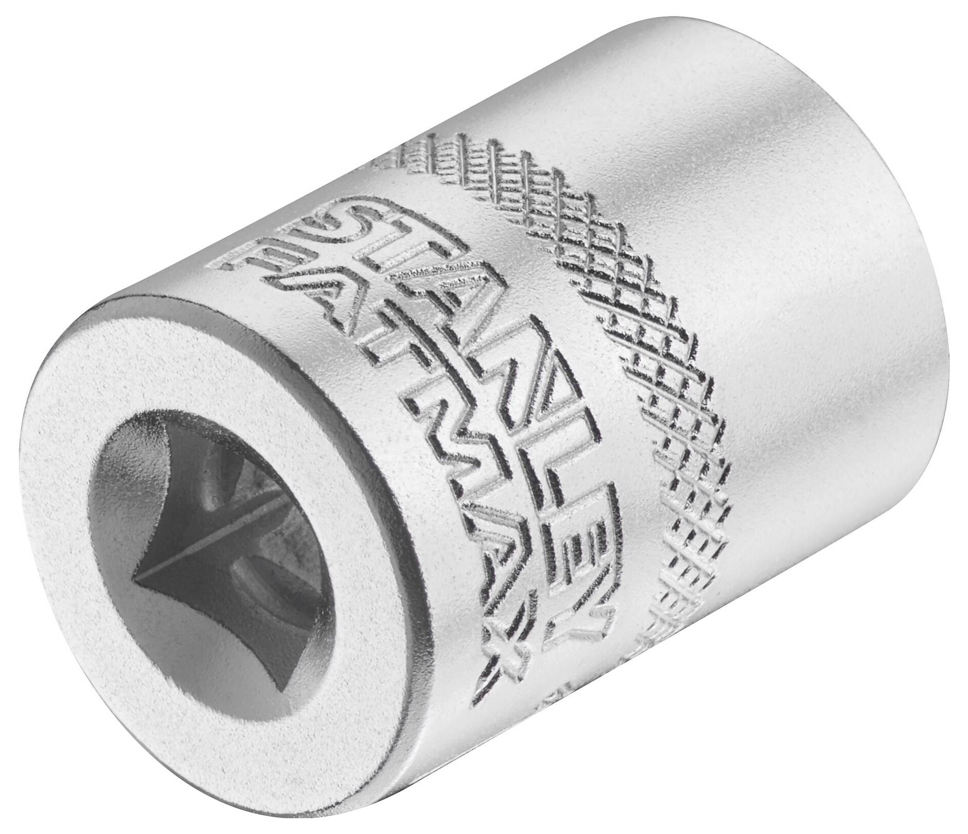 Srebrna nakrętka z napisem 'Stanley Fatmax', odpowiednia do połączeń śrubowych, przedstawiająca żłobkowanie dla lepszego uchwytu.