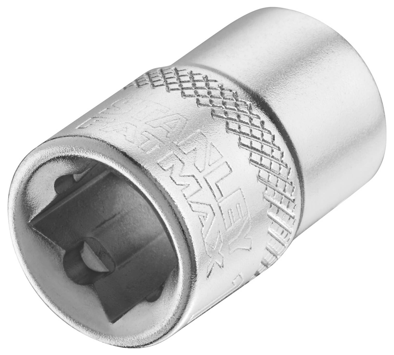 Srebrny metalowy klucz nasadowy z rowkowaną powierzchnią dla lepszego uchwytu, używany do dokręcania lub odkręcania nakrętek i śrub.