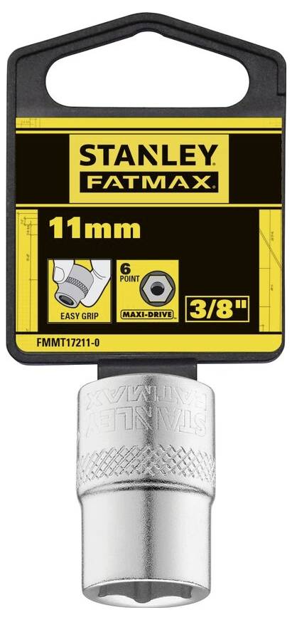 'STANLEY FATMAX Klucz nasadowy 11 mm, 6-punktowy, napęd 3/8 cala, łatwy w uchwycie.' Opakowanie produktu w kolorach czarnym i żółtym.