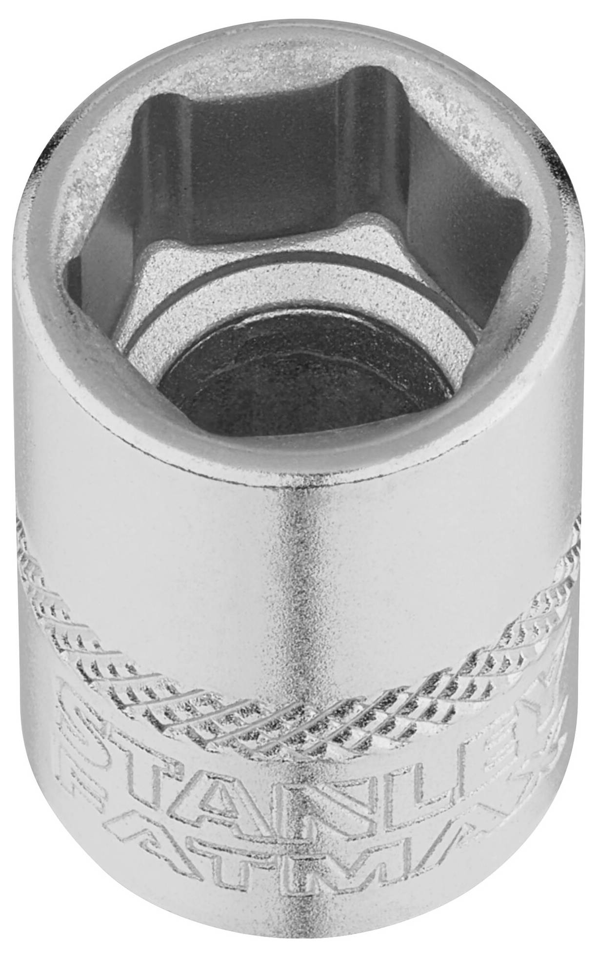 Metalowy adapter klucza z sześciokątnym otworem, przeznaczony do prac śrubowych. Oznaczony napisami 'Stanley' i 'Fatmax'.