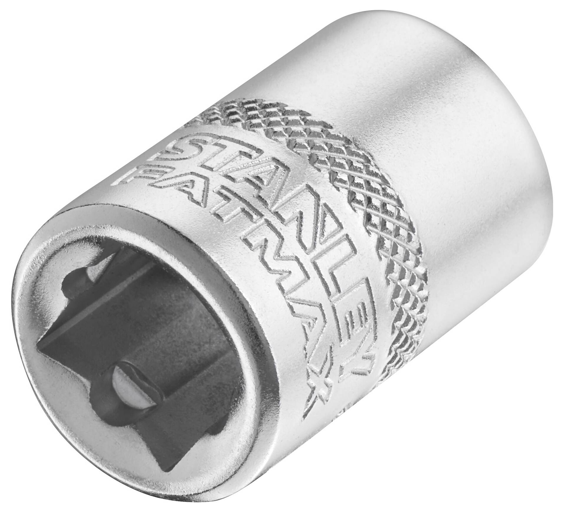 Nasadka klucza z wygrawerowanym napisem 'STANLEY FATMAX', srebrzysta, cylindryczna, z ryflowanym uchwytem.