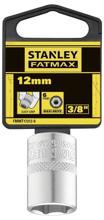 Klucz nasadowy Stanley Fatmax, 12 mm, 3/8 cala, system Maxi-Drive, sześciokątny, z ergonomicznym uchwytem dla wygodnej obsługi.