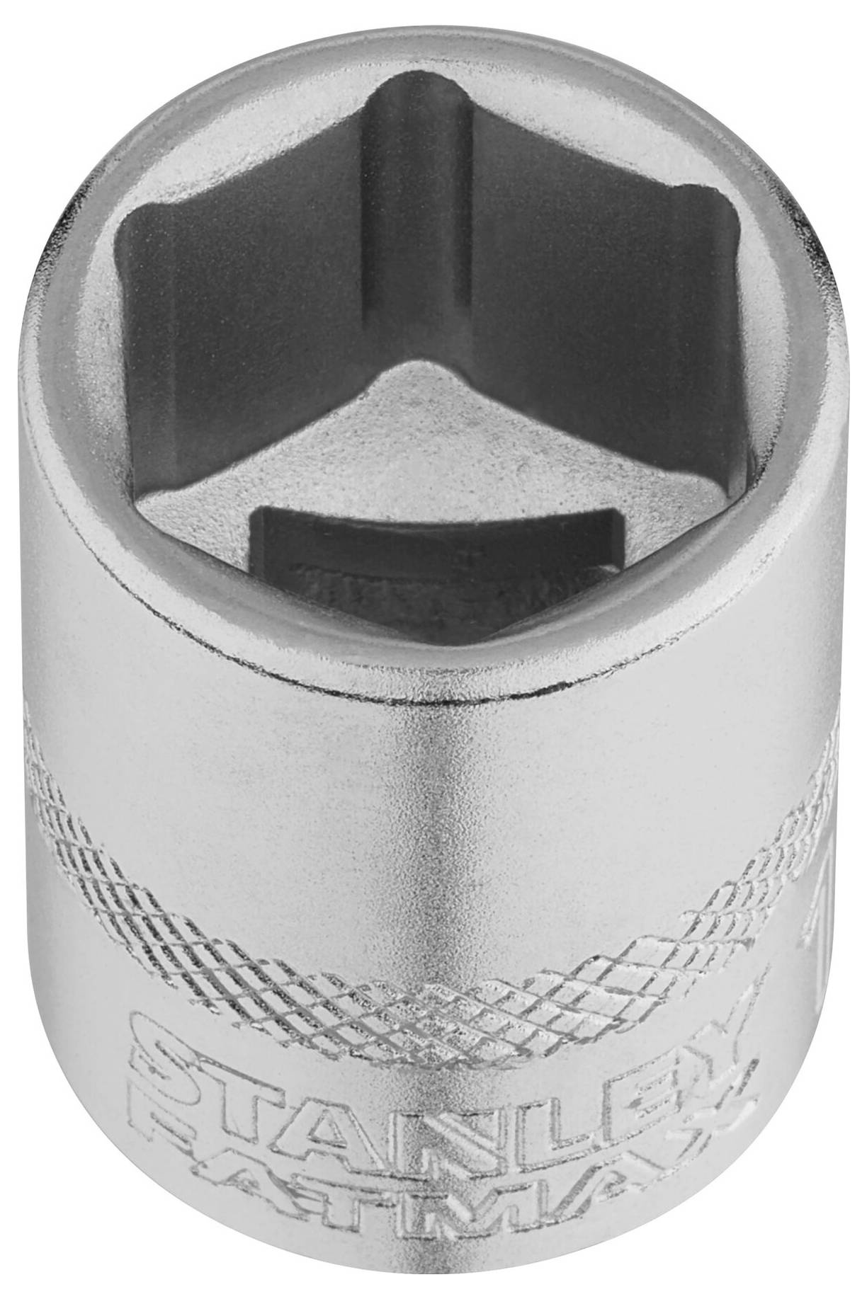 Sześciokątna metalowa nasadka z wytłoczonym znakiem firmowym.