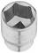 Klucz nasadowy z sześciokątnym otworem, odpowiedni do śrub z analogiczną główką. Wykonany z srebrnego metalu z prążkowaną powierzchnią zewnętrzną.