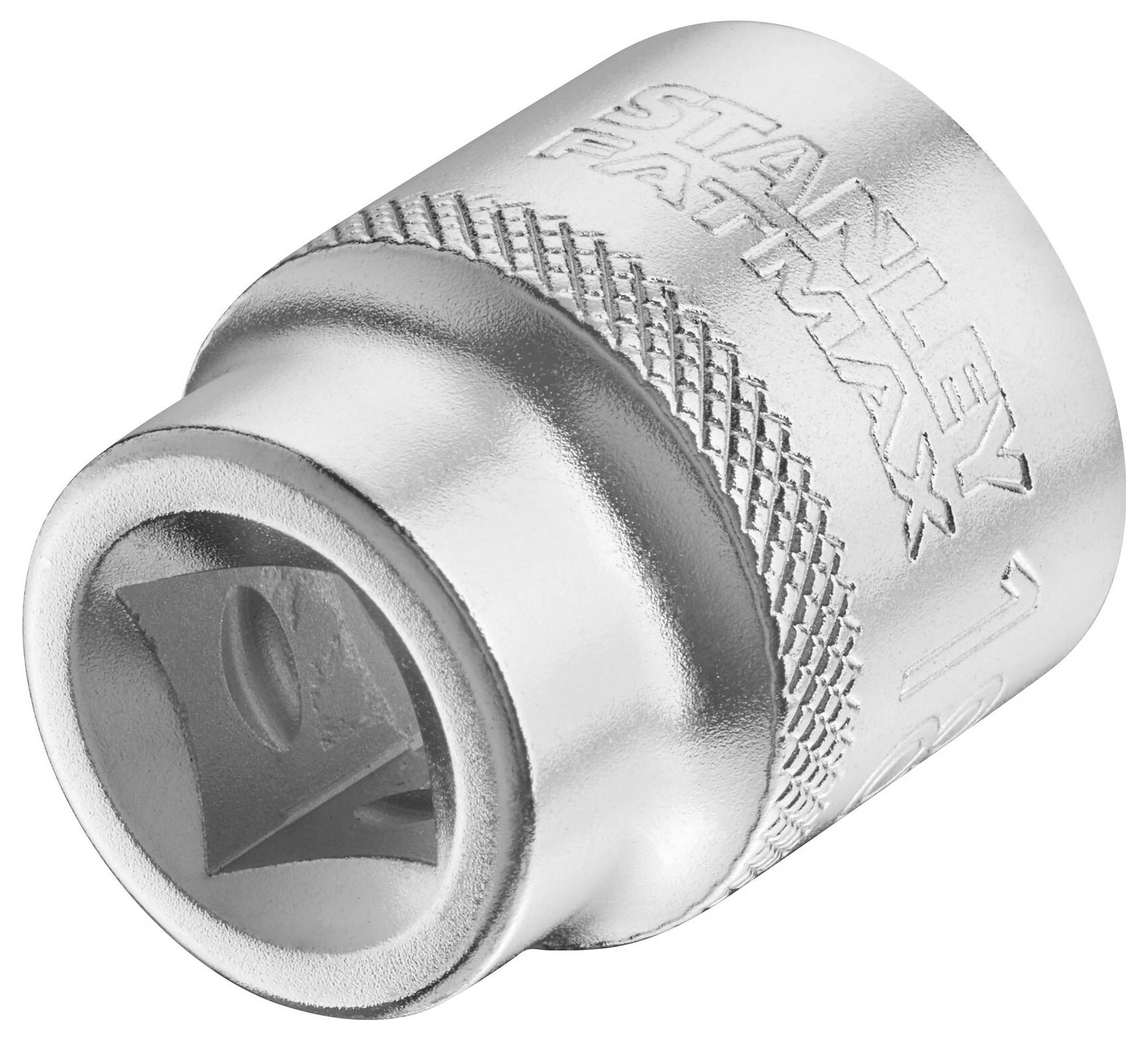 Metalowy klucz nasadowy Stanley, przeznaczony do narzędzi. Górna część z fakturą ryflowaną dla lepszego chwytu, z wygrawerowaną nazwą marki.