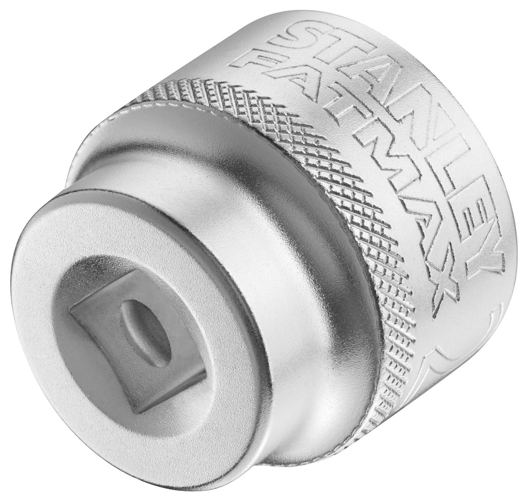 Metalowa nasadka z rowkowaną powierzchnią, z napisem 'STANLEY FATMAX'. Narzędzie do mocowania na grzechotce.