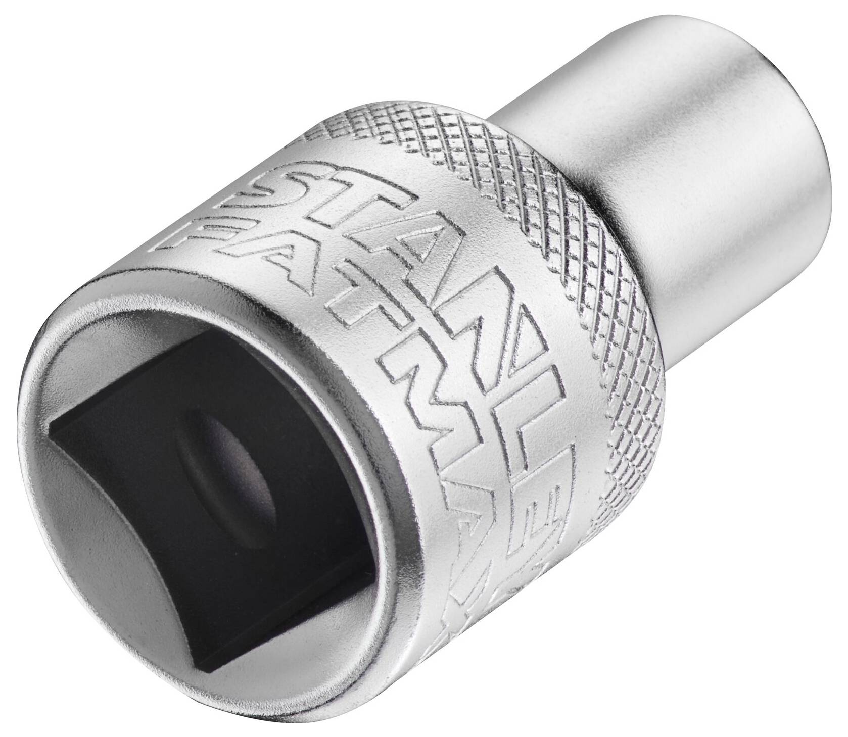 Metalowy adapter z sześciokątnym otworem i wytłoczonym napisem 'Stanley Fatmax' na powierzchni, stosowany w pracach rzemieślniczych.