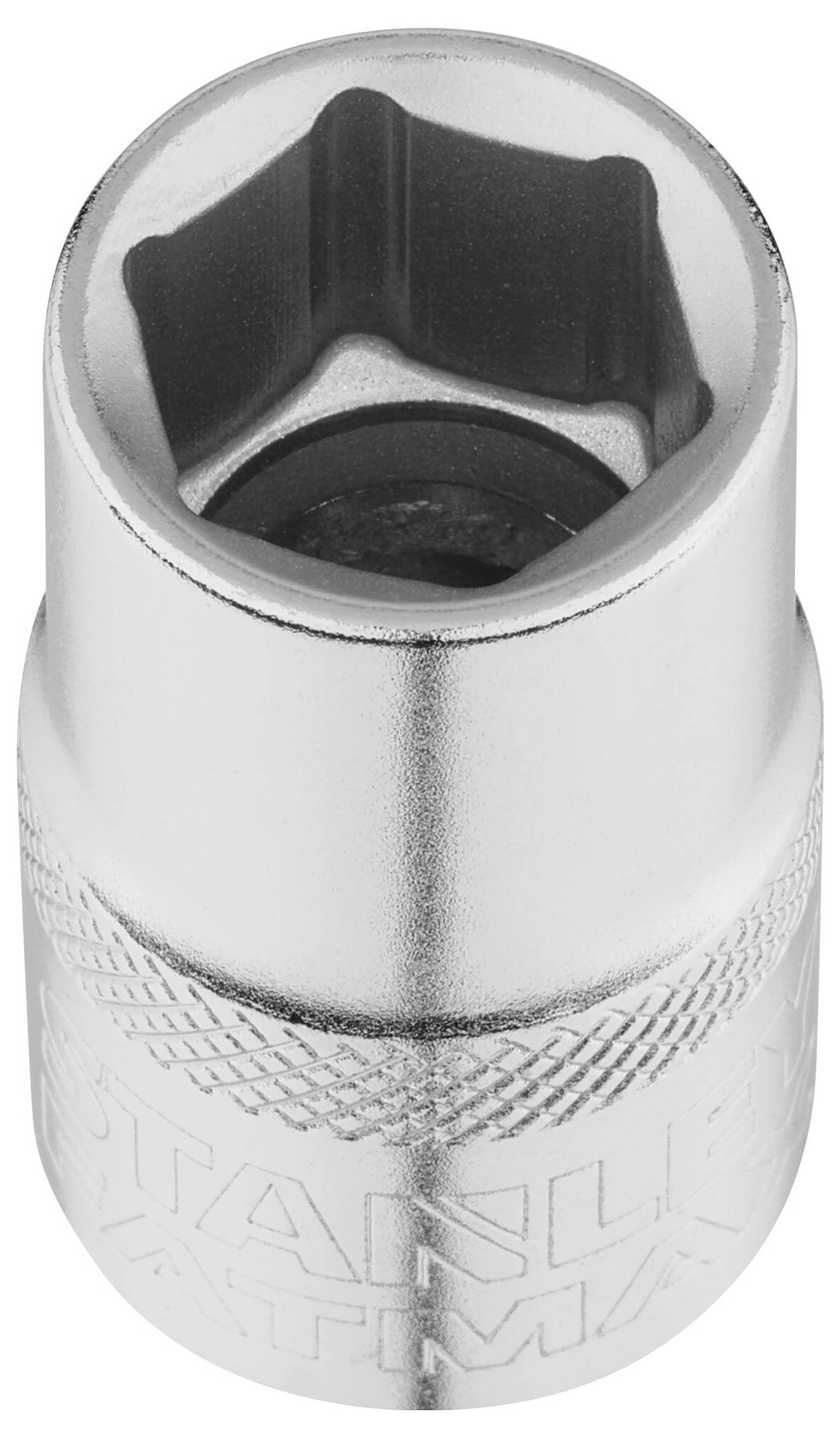 Srebrny klucz nasadowy z sześciokątnym otworem. Jest specjalnie wyprofilowany, zapewniając lepszy chwyt podczas dokręcania śrub i nakrętek.