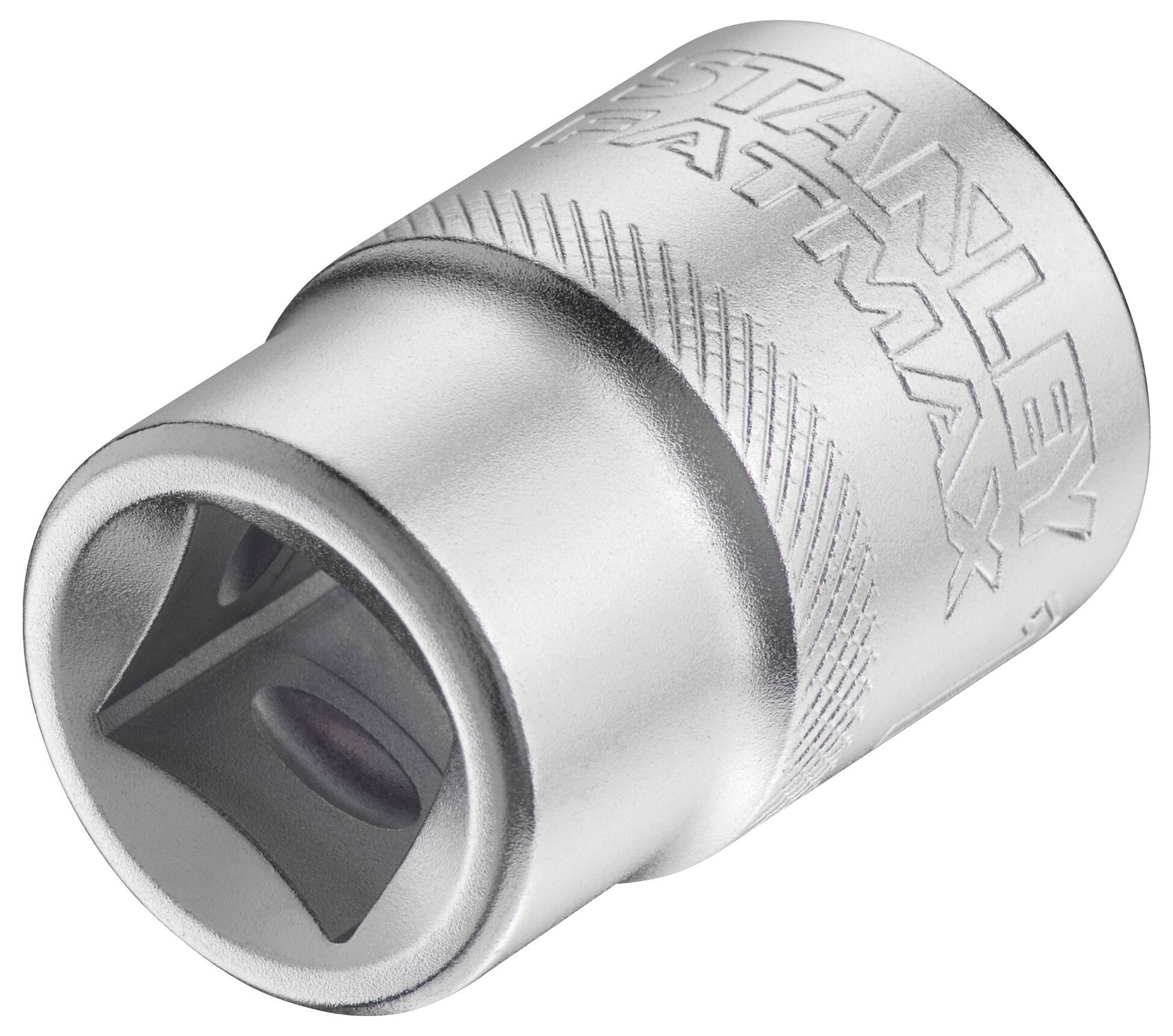 Srebrna wtyczka z fakturowaną powierzchnią, oznaczona napisem 'Stanley Fatmax', przeznaczona do użytku ręcznego lub maszynowego.