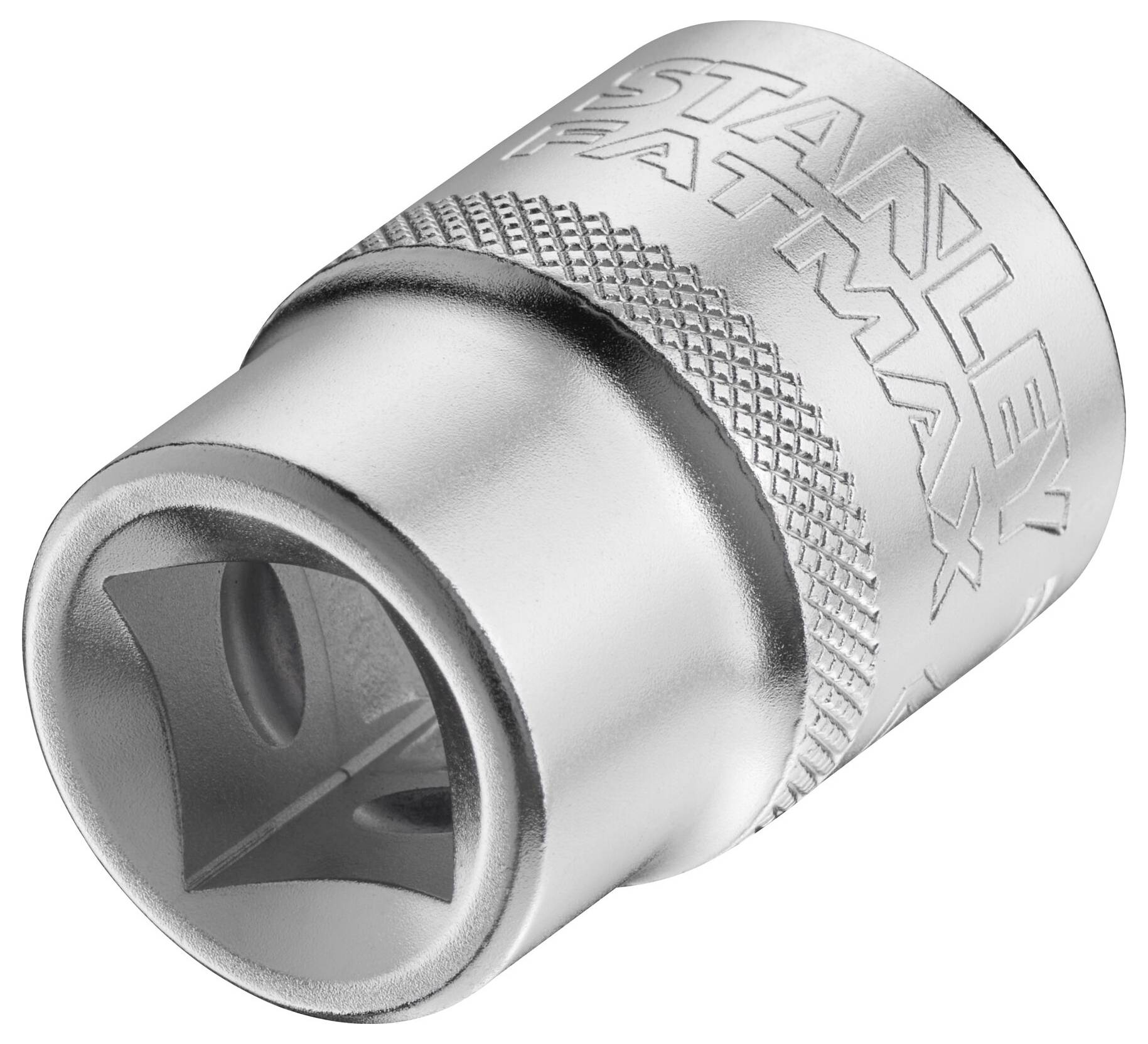 Srebrny sworzeń z napisem 'STANLEY FATMAX', cylindryczny, metalowy, z czworokątnym gniazdem do zamocowania w narzędziu.