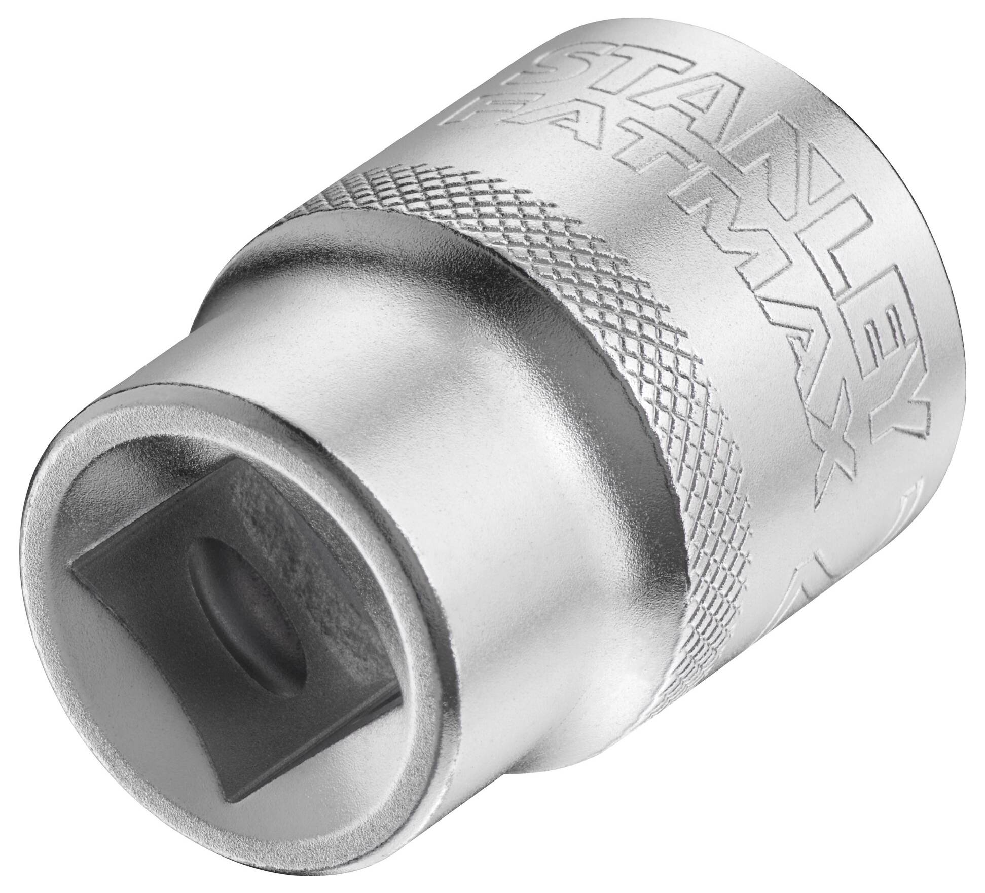 Metalowy klucz nasadowy z ryflowaną powierzchnią i wytłoczonym logo.