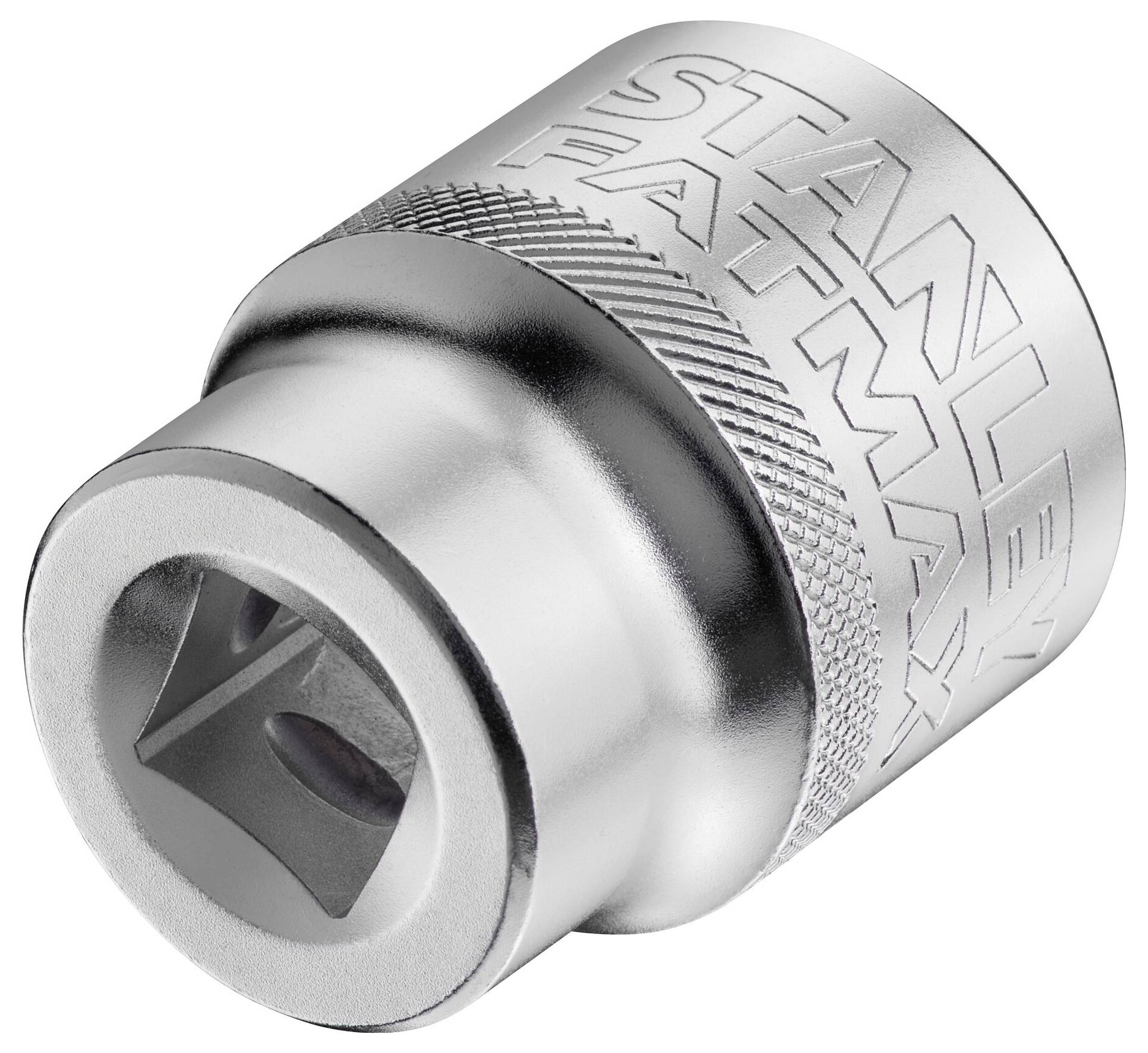 Na ilustracji przedstawiono klucz nasadowy Stanley Fatmax, rozpoznawalny po srebrnej powierzchni i pryzmatycznym kwadratowym otworze.