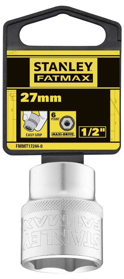 Nasadka Stanley Fatmax, rozmiar 27 mm, o 6-punktowym wzorze i łatwym uchwycie. Opakowanie prezentuje logo marki i szczegóły produktu.
