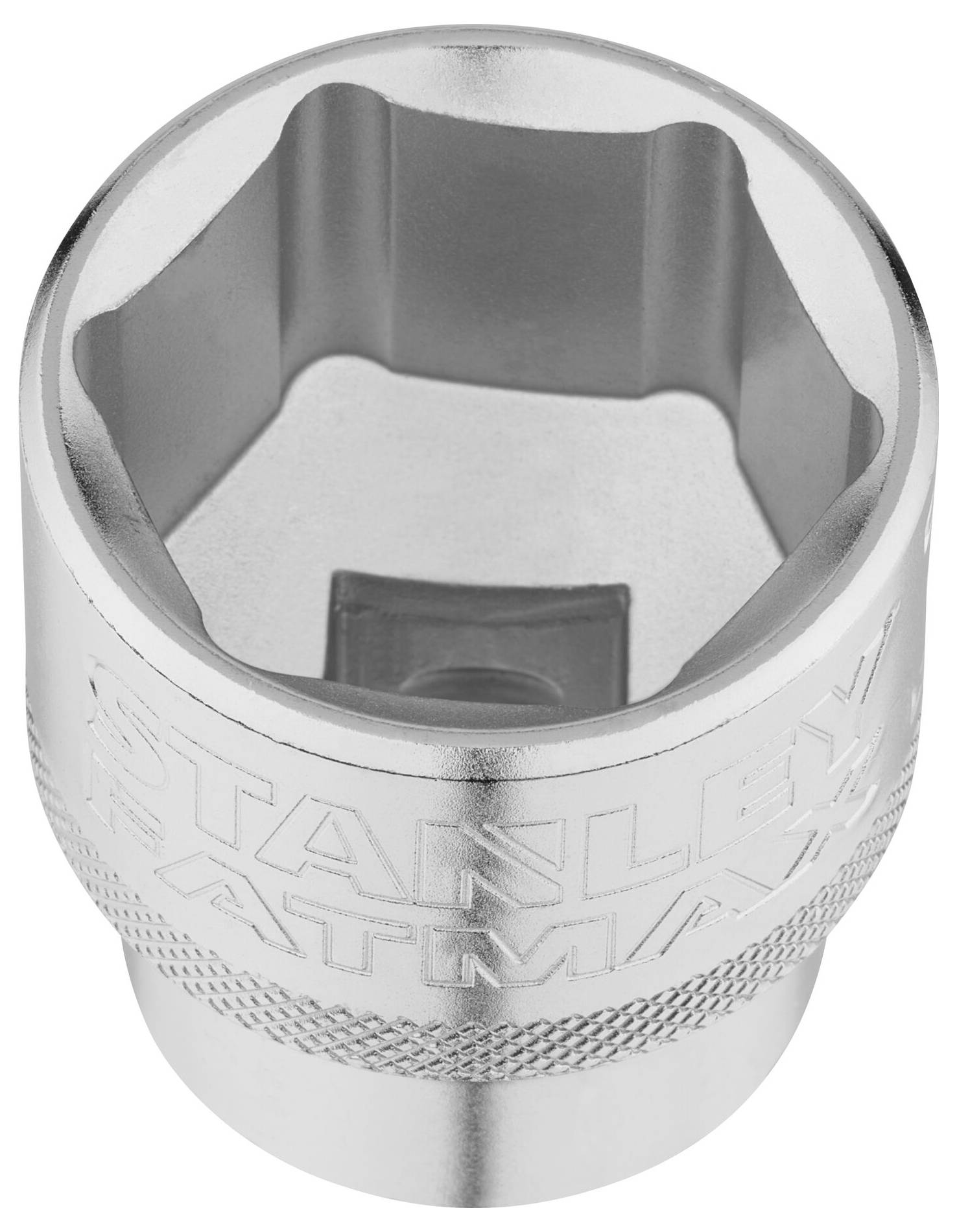 Srebrna sześciokątna nasadka z wygrawerowanymi nazwami markowymi 'Stanley' i 'Fatmax'. Używana do mocowania lub odkręcania nakrętek i śrub.
