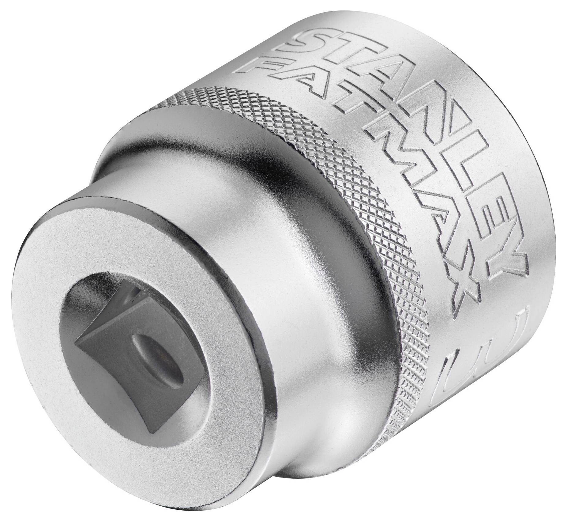 Metalowy nasadowy klucz nasadowy z napisem 'Stanley FatMax' na boku, o cylindrycznym kształcie z sześciokątnym profilem wewnętrznym.