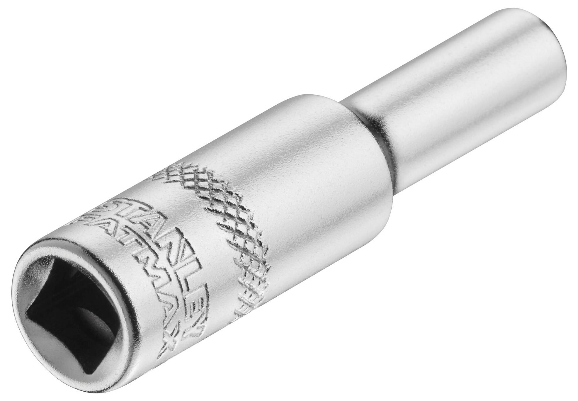 Metalowy adapter do klucza z antypoślizgową powierzchnią, oznaczony logo 'Stanley Fatmax', używany do mocowania nasadek na kluczu dynamometrycznym.