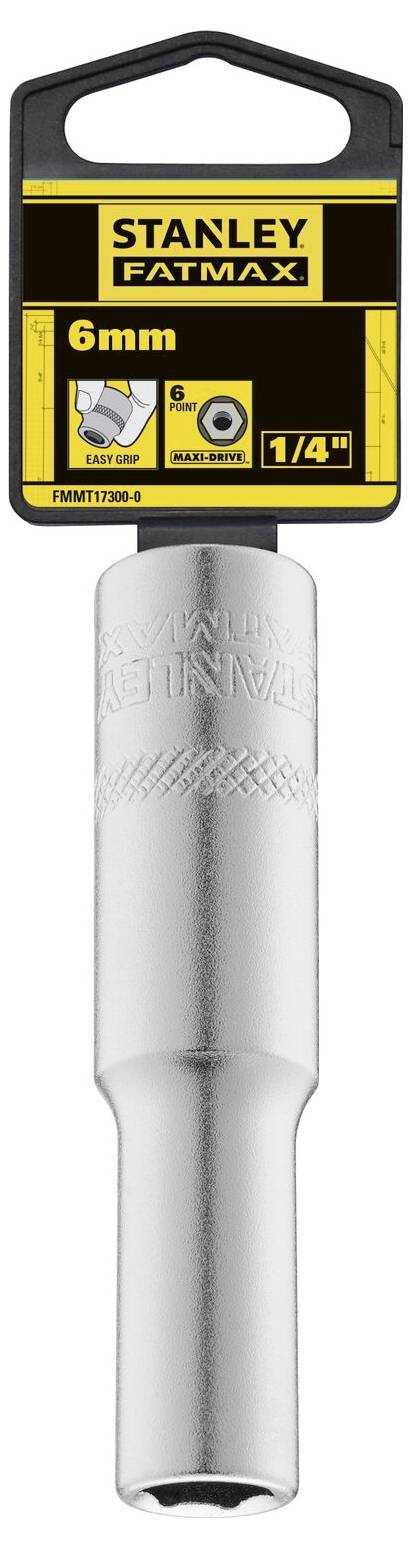 Nasadka 6 mm Stanley Fatmax, z mocowaniem 1/4 cala, w kolorze srebrnym. Opakowanie w czarno-żółtym designie.