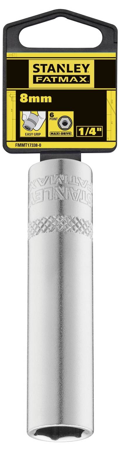 Klucz nasadowy Stanley Fatmax, 8 mm, 1/4 cala, srebrny z sześciokątnym otworem; etykieta wskazuje markę i rozmiar.