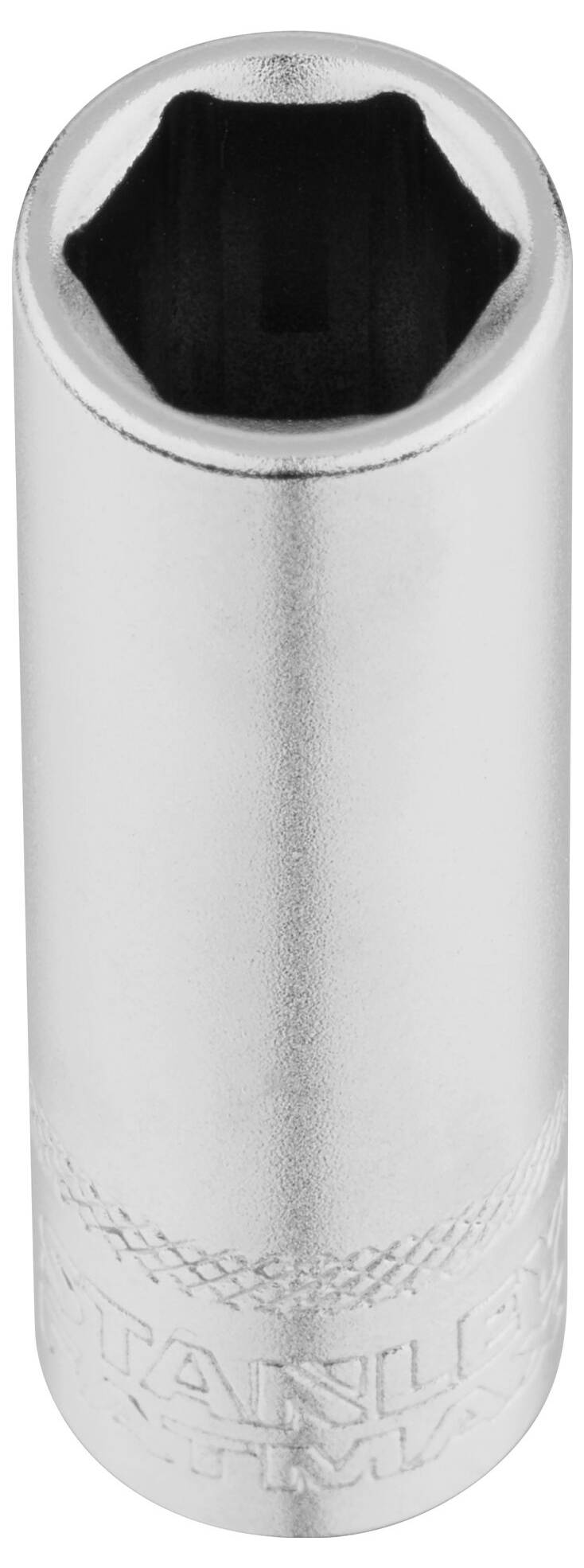 Srebrny łącznik cylindryczny, z sześciokątnym otworem na jednym końcu i ryflowanym tekstem na boku, przeznaczony do prac ślusarskich.