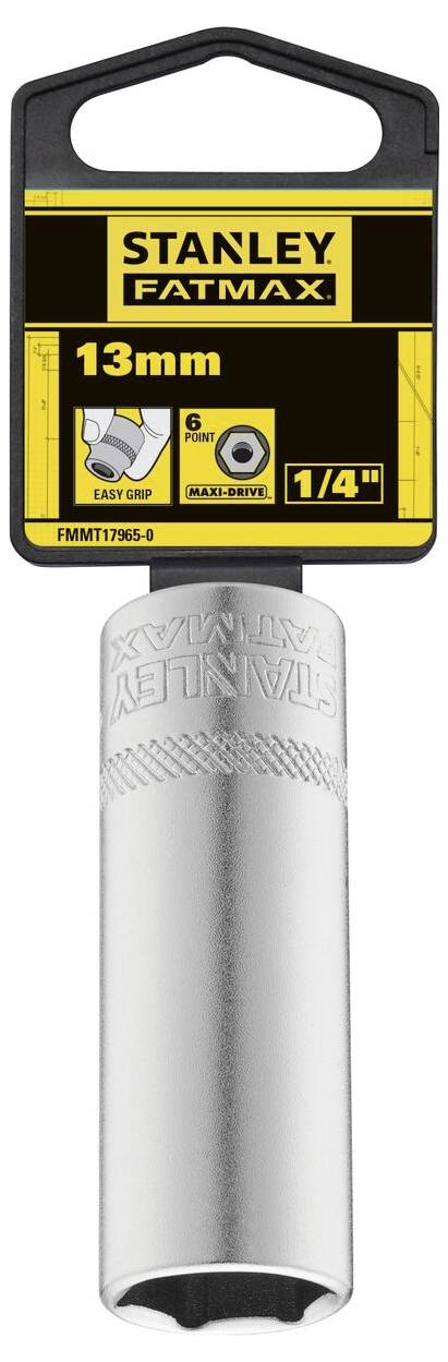 Nasadka sześciokątna Stanley FatMax 13 mm z mocowaniem 1/4 cala, pakowana w plastikowym uchwycie.