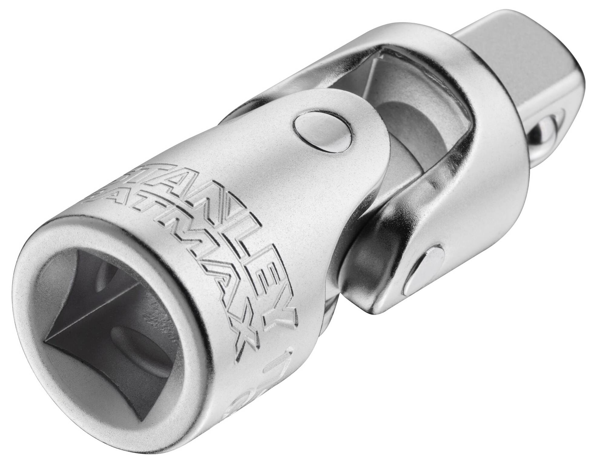 'Chromowany przegub do grzechotki z kwadratowym napędem i ruchomą głowicą do regulacji kąta.'