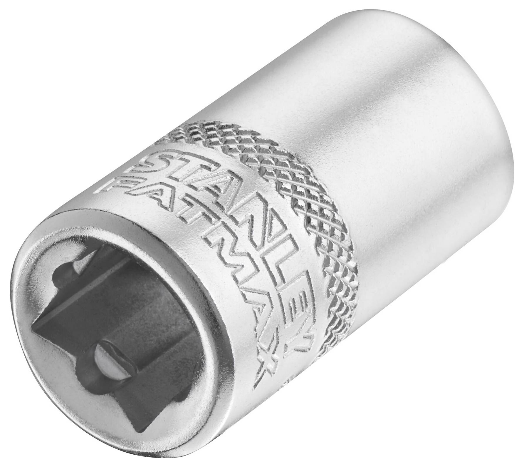 Metalowa nasadka klucza z napisem 'Stanley Fatmax', z rowkowaną krawędzią dla lepszego chwytu.