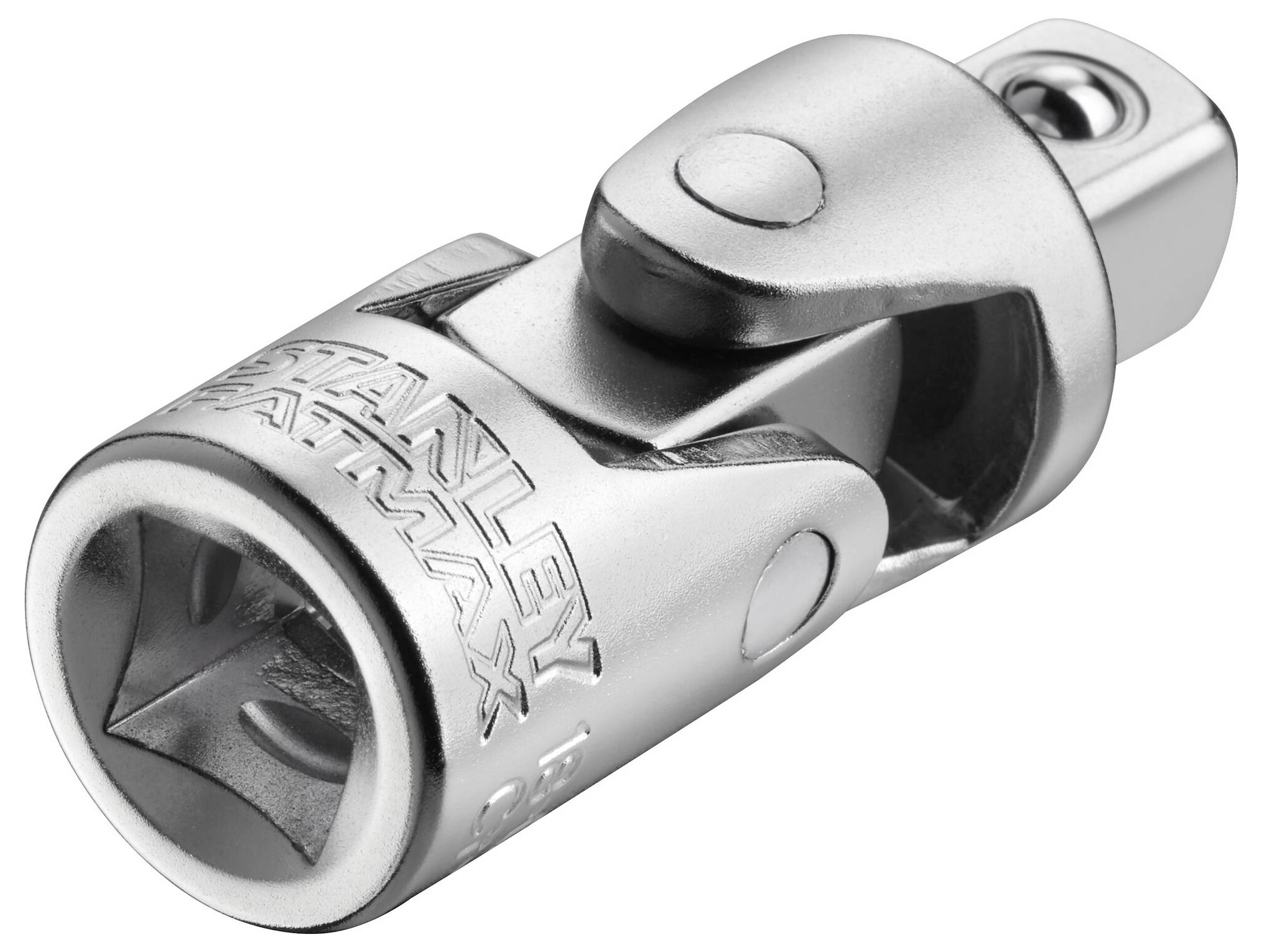 Chromowany adapter klucza nasadowego z przegubem. Odpowiedni do połączeń gniazdowych, z napisem 'Stanley Fatmax'.