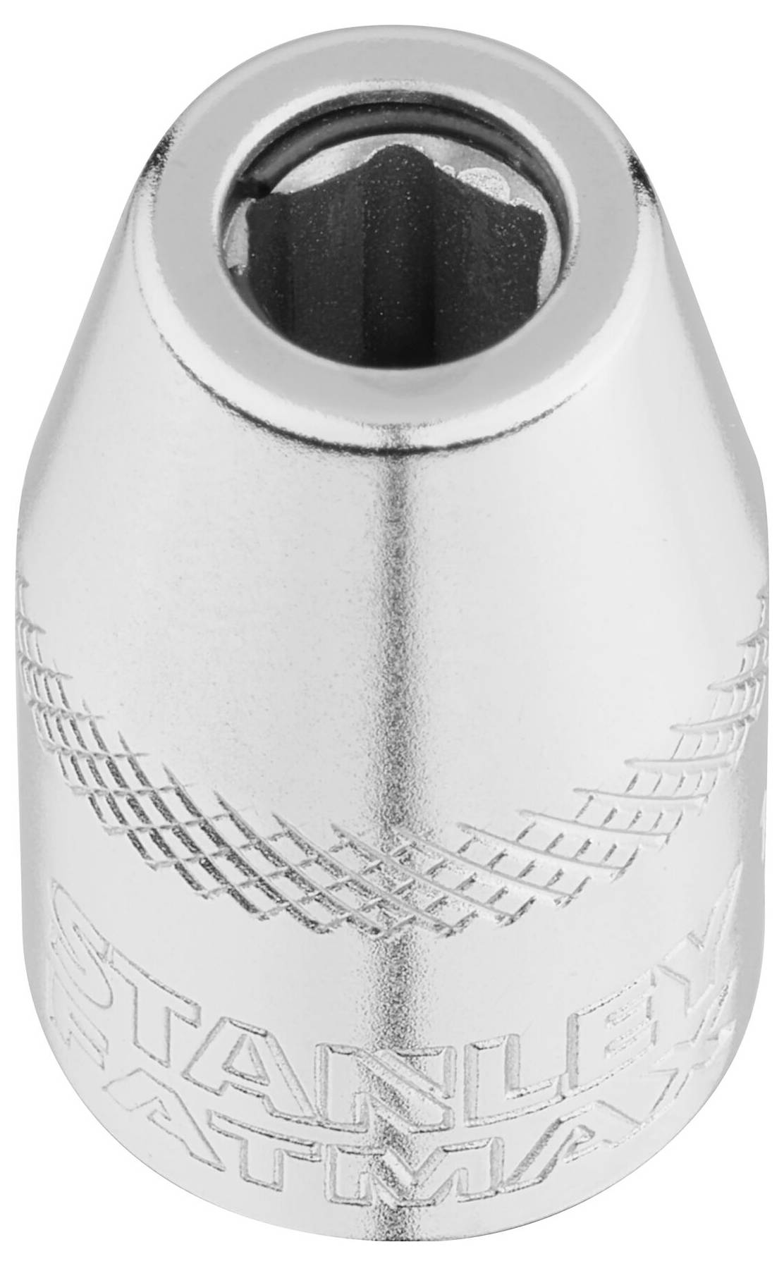 Metalowy nasadka sześciokątna o chromowanej, błyszczącej powierzchni, z napisem 'Stanley', przeznaczona głównie do prac ślusarskich.