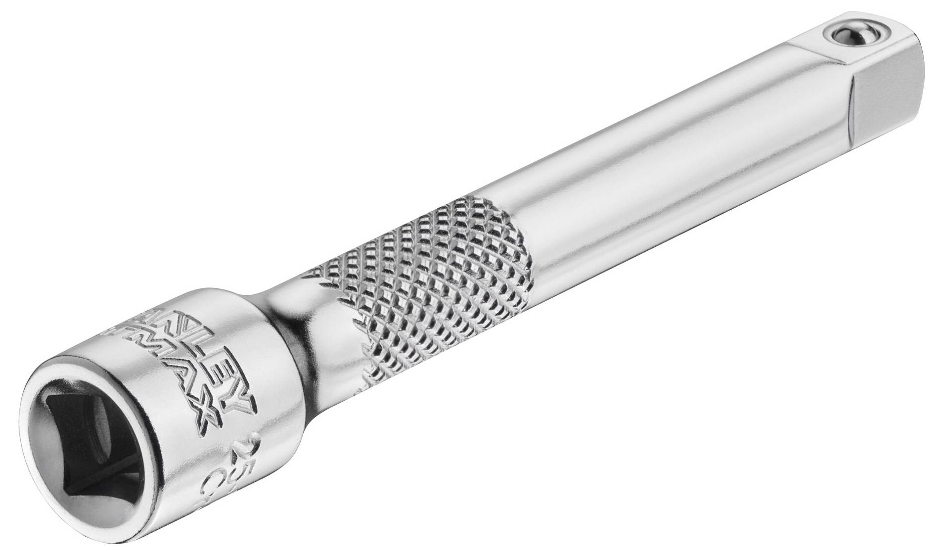 Srebrny pręt przedłużający z grzechotką z ryflowanym uchwytem dla lepszego chwytu.