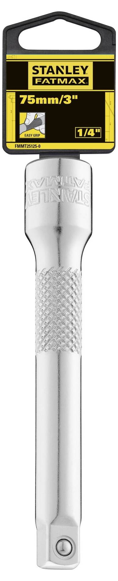 Chromowana nasadka przedłużająca Stanley Fatmax, długość 75 mm/3 cale, napęd 1/4 cala, z antypoślizgowym wzorem uchwytu.