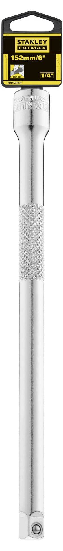 Srebrny 3/8-calowy przedłużacz firmy Stanley, zapakowany w czarno-żółty uchwyt u góry, przeznaczony do narzędzi z grzechotką.